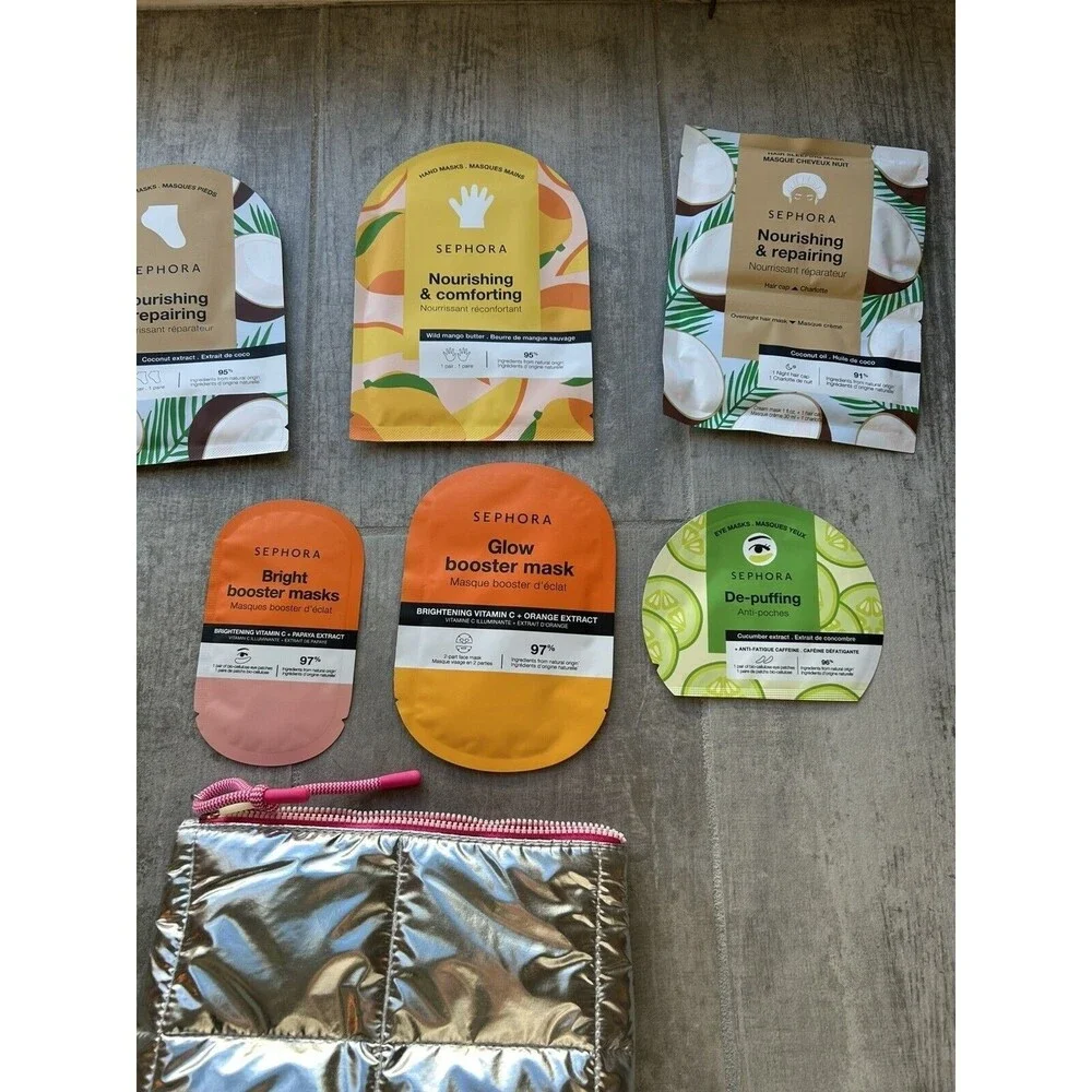 SEPHORA COLLECTION Set of 8 Face & Body Masks & Zipper Silver Makeup Bag NEW